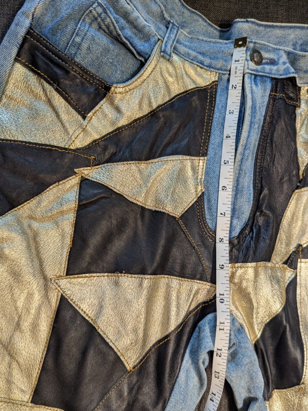 Vintage 100% Leather Geometric Patchwork Don't Stop International Denim Jeans - Picture 14 of 15